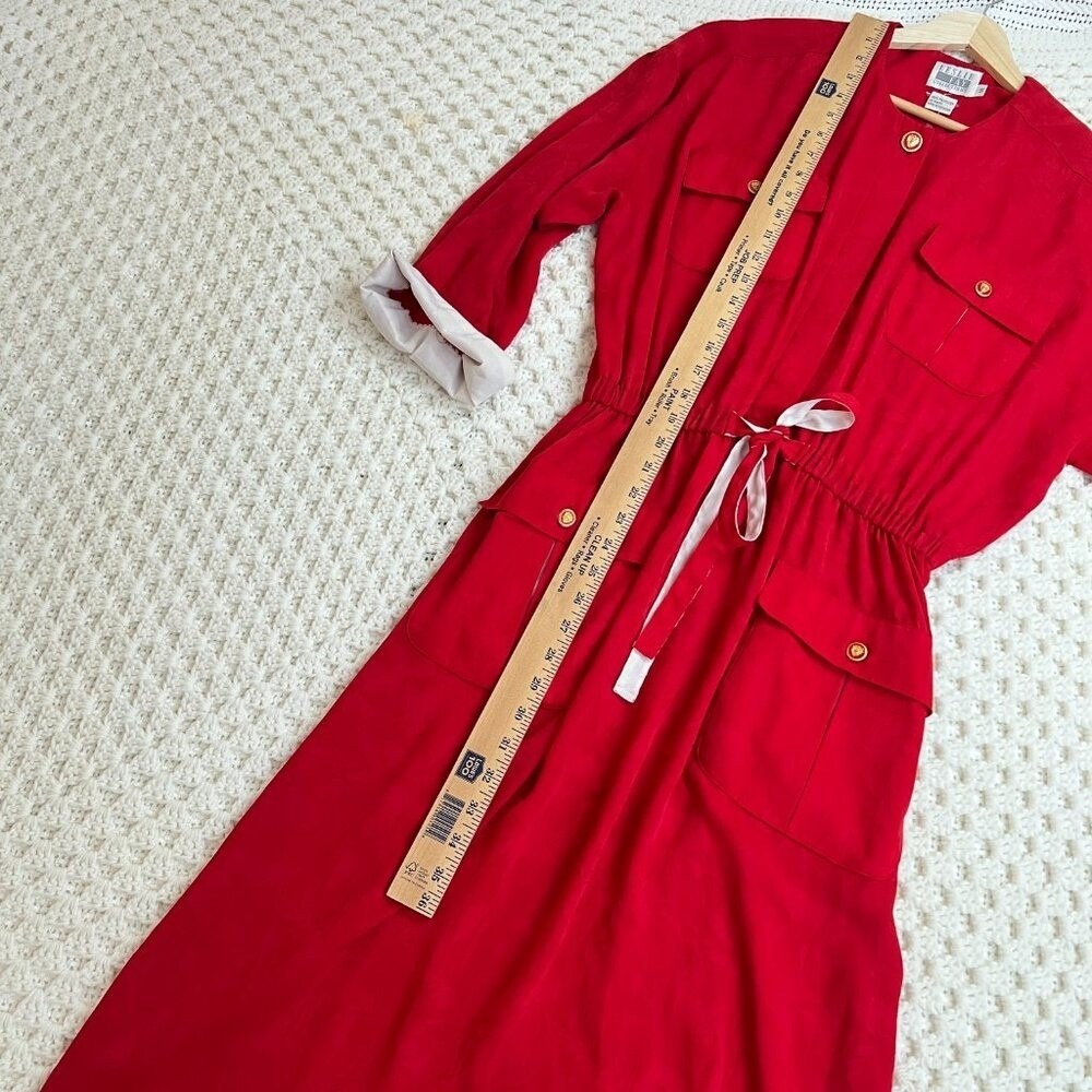 Leslie Fay Vtg Dress Holiday Red Midi Gold Preppy Button Old Money 14 Gma Santa - Picture 5 of 11